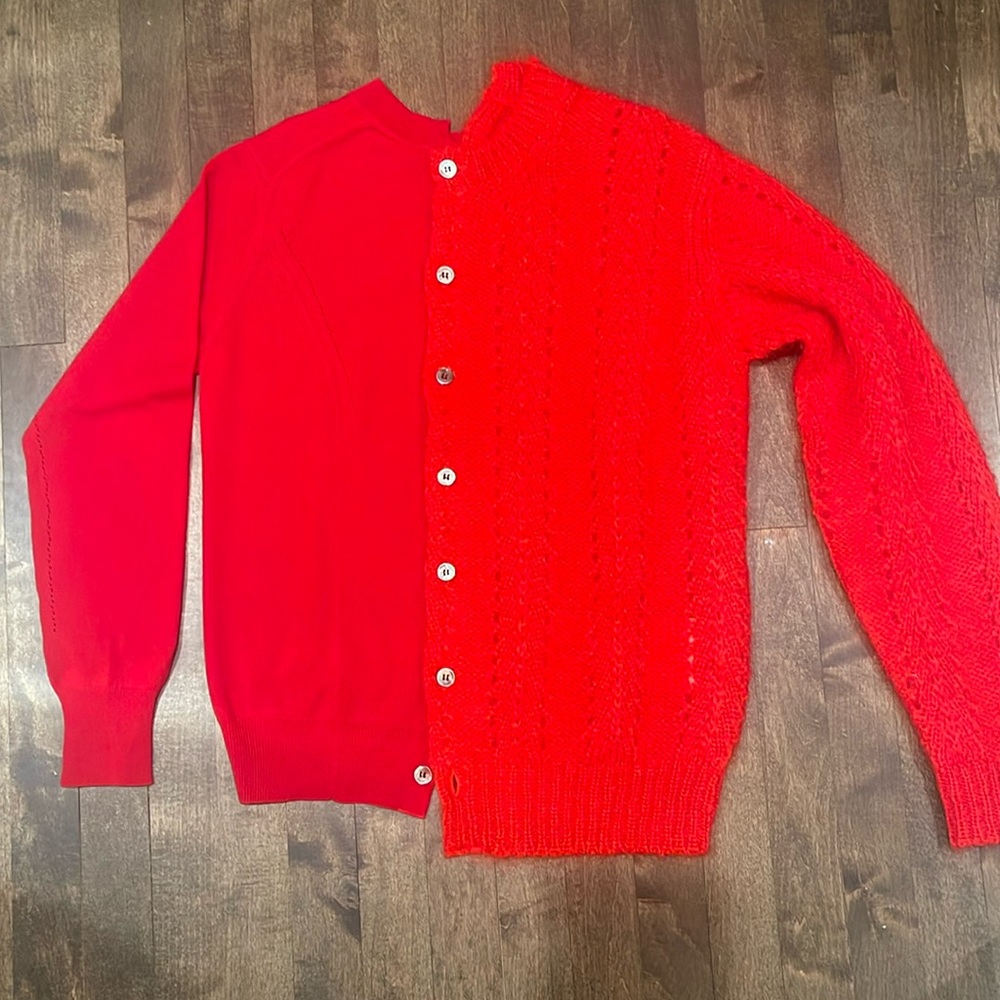 Mixed media cardigan sweater.